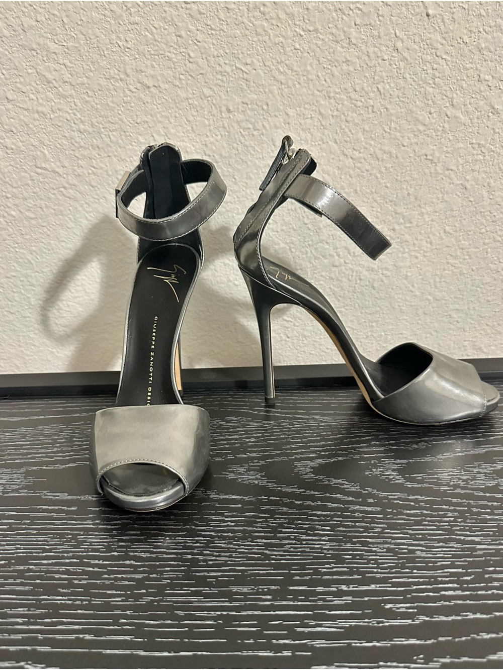 Giuseppe Zanotti Metallic Gray Open-Toe Ankle-Strap Stiletto Sandals